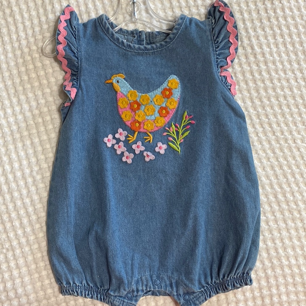 3-6 months denim Mudpie chicken romper